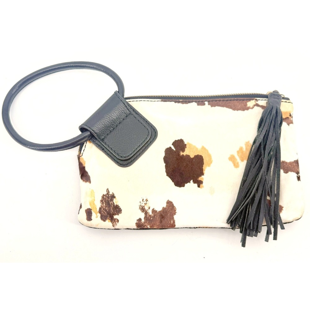 Hobo Wristlet Clutch Womens Small Black White Cow Hide Pebbled Leather Tassel